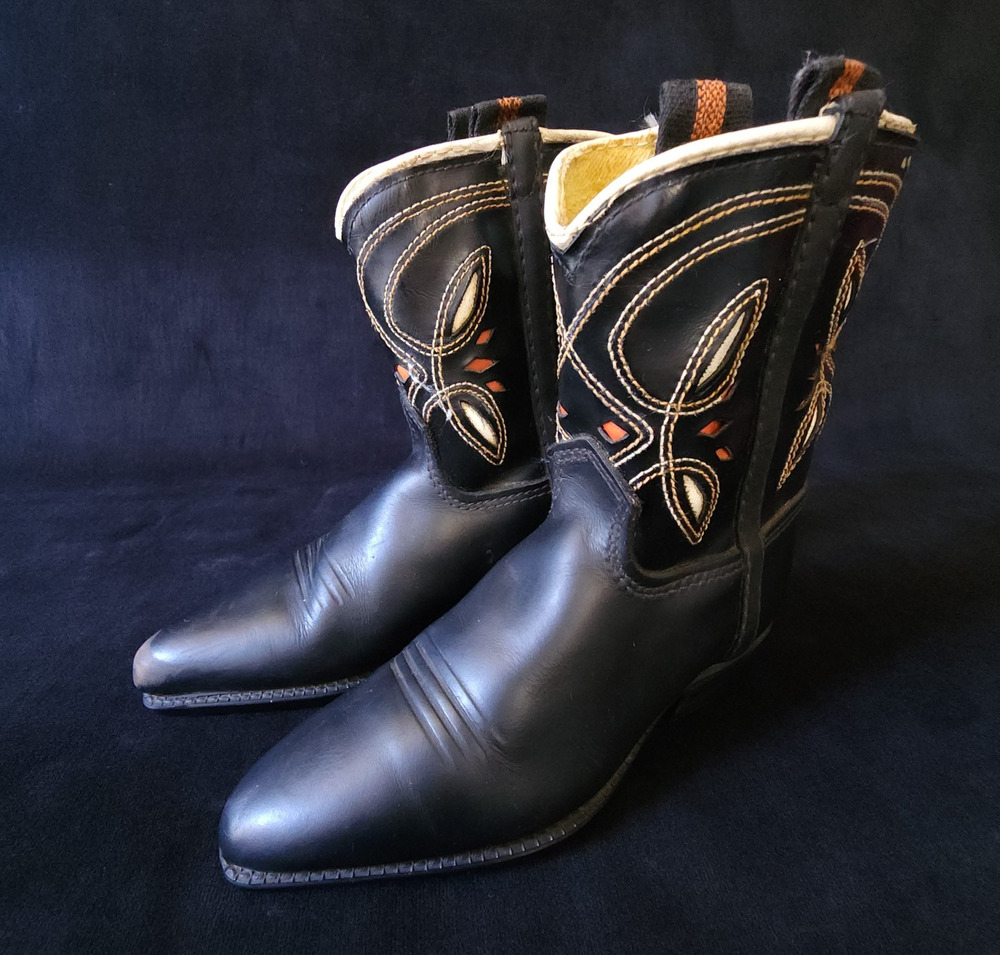 Vintage 1950s Acme Kids Cowboy Boots Black Leather Inlay Western Toddler Sz 7.5